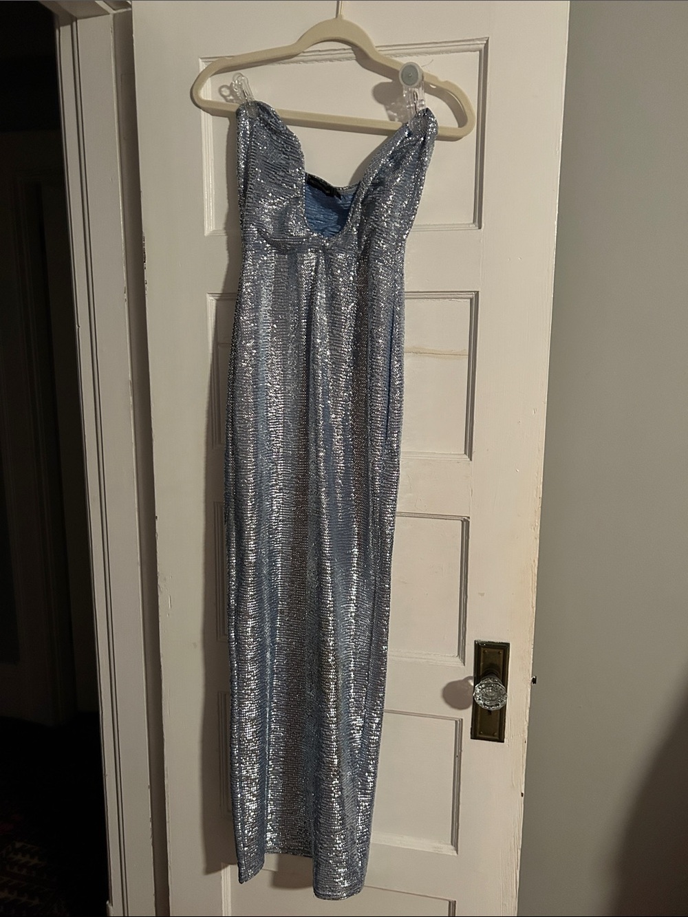 PrettyLittleThing Silver Sequin Strapless Gown